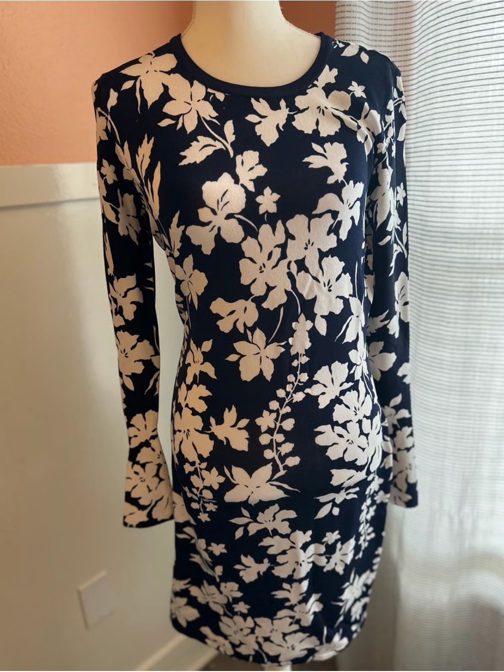 KORS Michael Kors Black and White Sheath Dress Long Sleeve